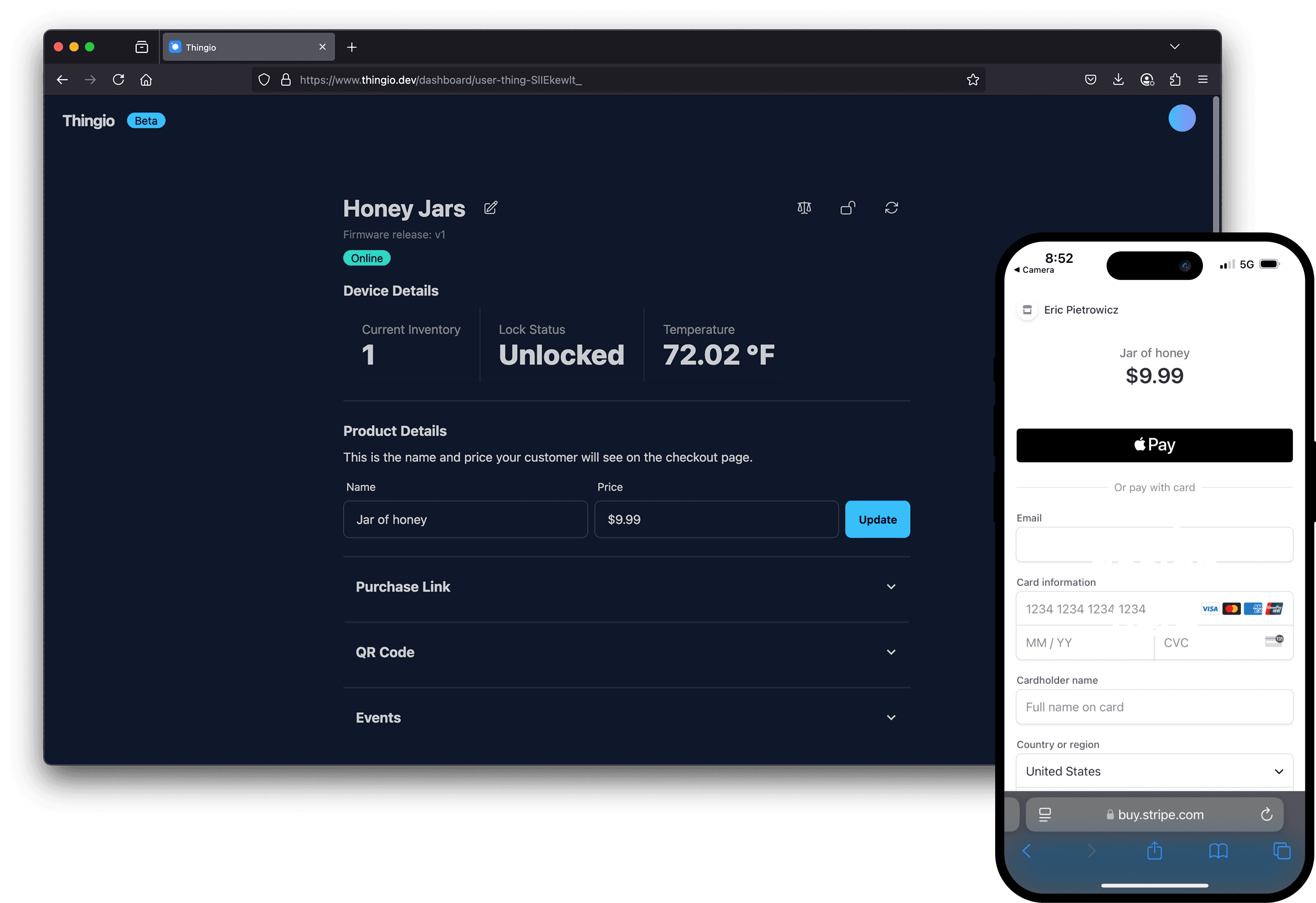 Thingio dashboard showing a device with live inventory and lock status next to an Apple Pay checkout on a phone